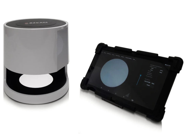 An automated colony counter device with a counter device and tablet with LED lighting, designed for scientific and medical applications.  IncuCount 150
