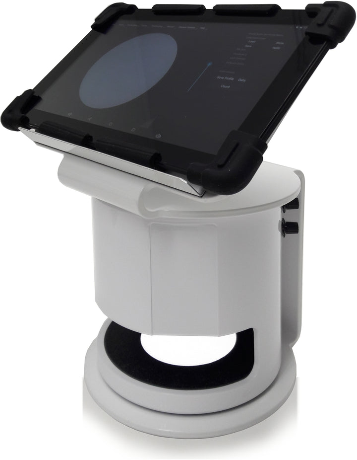 An automated colony counter device with a support stand and a tablet, featuring a white LED light and a compact design.  AI-powered IncuCount 200