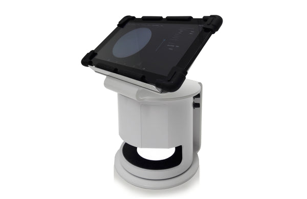 An IncuCount 200 device, which is an automated colony counter, with a counter device, support stand, and a tablet. It has a compact design with adjustable white LED lighting.
