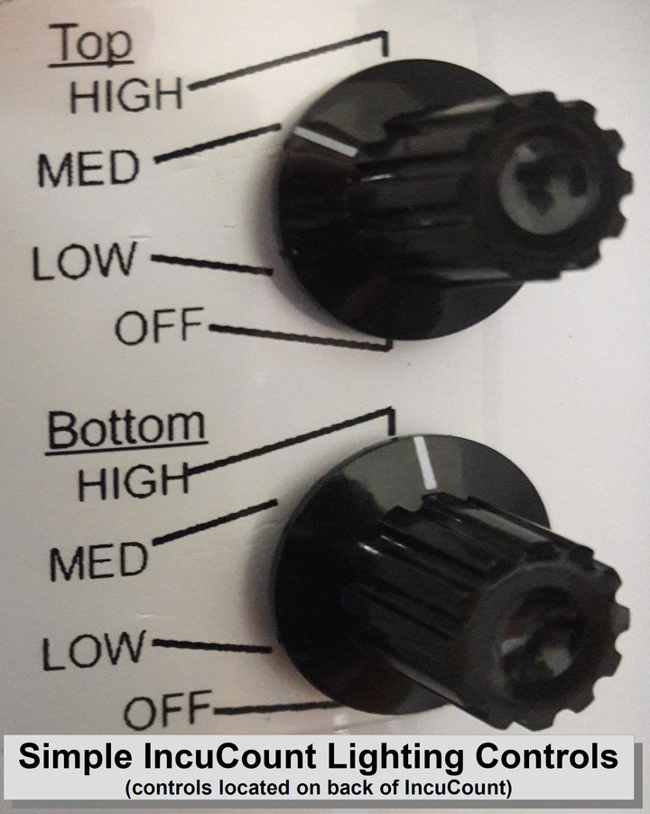 An IncuCount device, compact design with adjustable white LED lighting, rotary switches.